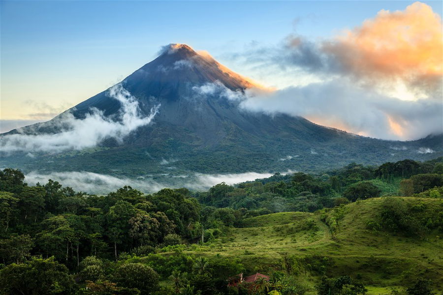 Scenic view of Arenal Volcano in central Costa Rica at sunrise