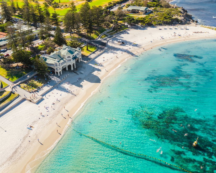 Cottesloe Beach, Perth, Australia; Aerial view of Cottesloe Beach, with Indiana Cottesloe in the background Australia Campaign - Western Australia Generics