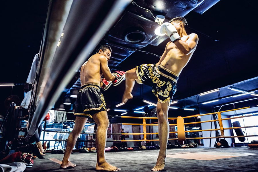 Muay Thai athletes training on the boxing ring, Thailand