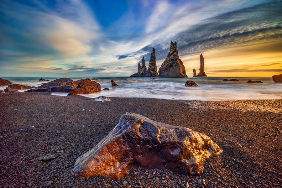 Black sand beach in Iceland at sunset