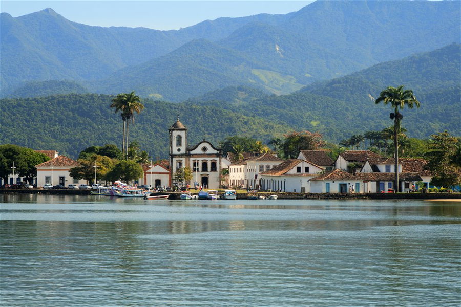 The town of Paraty viewed from across the ocean in Brazil