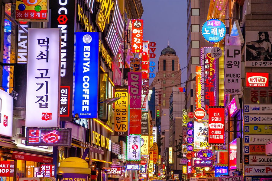 Bright lights and signage in Seoul, South Korea