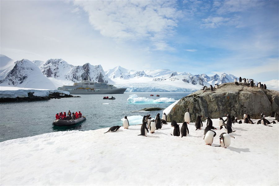 A zodiac boat full of passengers next to a penguin colony in Antarctica