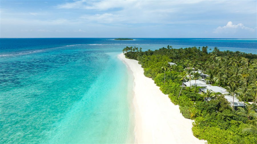 Aerial view of a pristine white sand beach in the Maldives