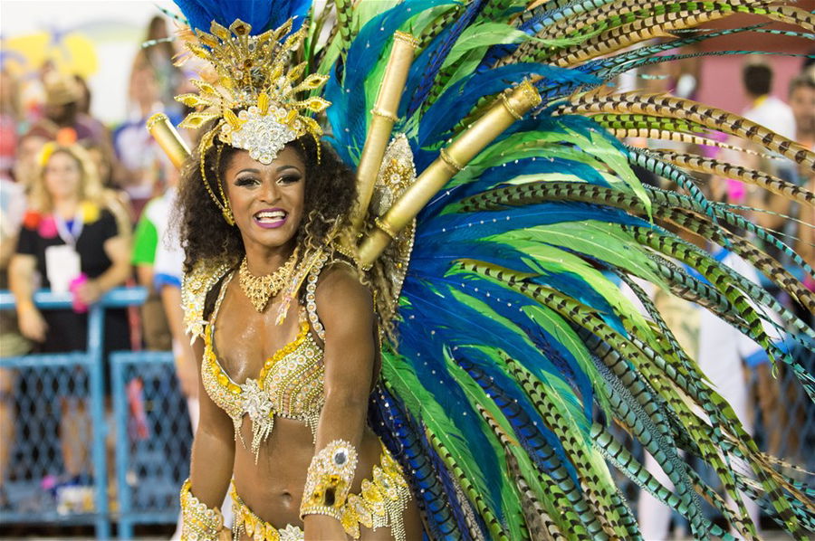 View of Unidos de Vila Isabel, one of Rio de Janeiro's top Samba schools during the 2016 carnival in Rio de Janeiro from the Sambodromo.