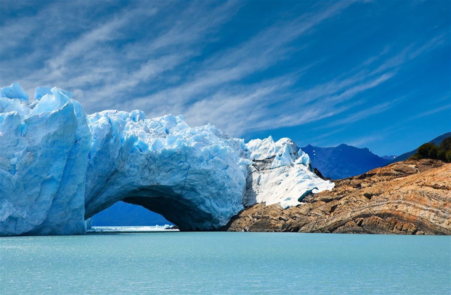 A bridge of ice on Perito Moreno Glacier in Antarctica