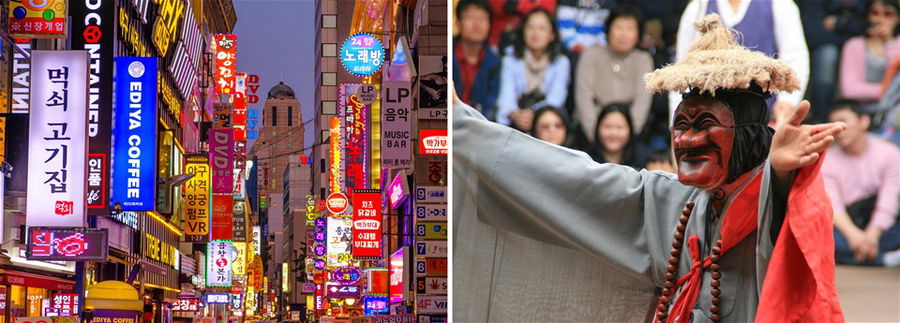 Two images of South Korea - neon signs and a local mask