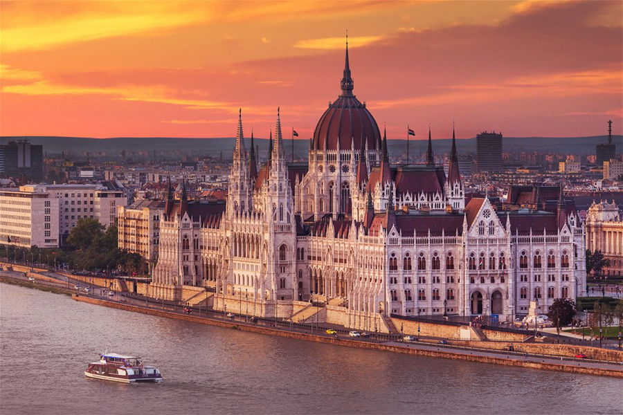 The grand old buildings of Budapest, Hungary, at sunset