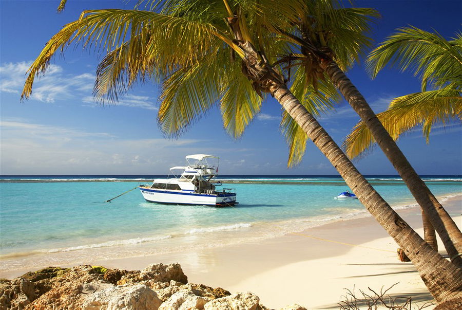 Fishing Boat out at sea in Oistins Bay, Barbados,