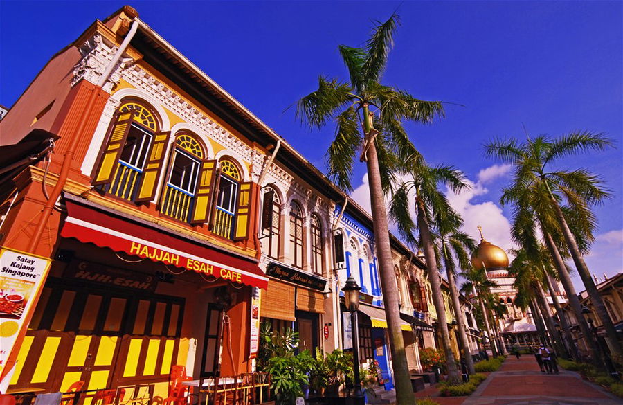 Colourful buildings in Singapore's Little India on a bright and sunny day