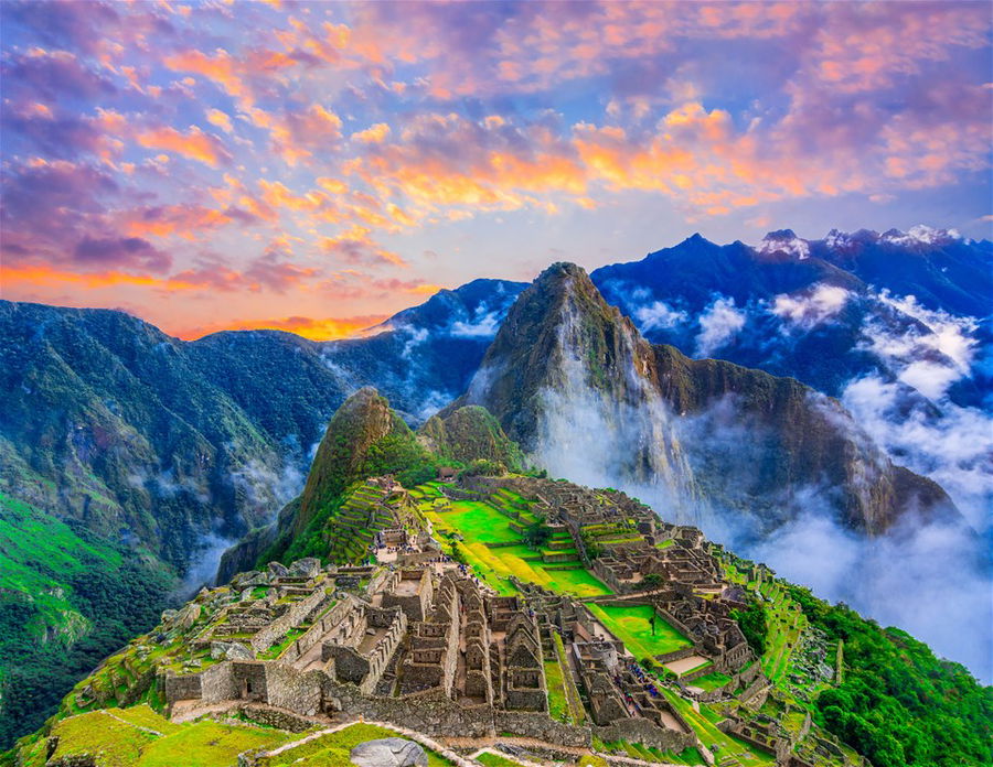 The Incan ruins of Machu Picchu in Peru at sunset