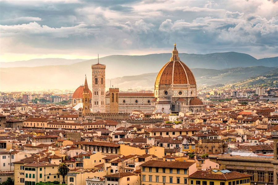 The terracotta rooftops in Florence, Italy, on a bright day