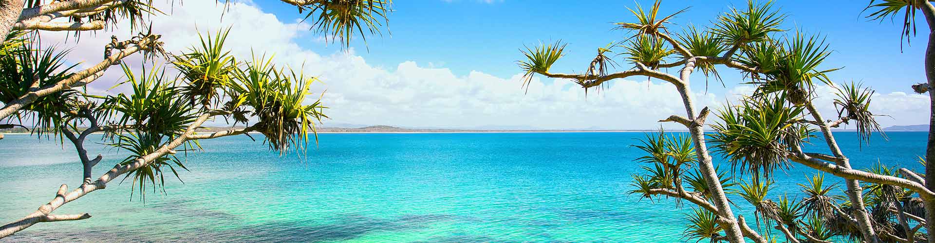 A woman walks out across the white sandy beach to the calm ocean ahead, away from the tall trees on that line the beach in Queensland, Australia