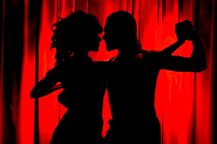 A silhouette of tango dancers in Argentina, South America