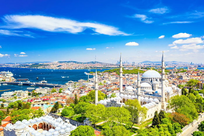 Aerial drone view of the Suleymaniye Mosque, huge Ottoman imperial mosque in Istanbul, Turkey