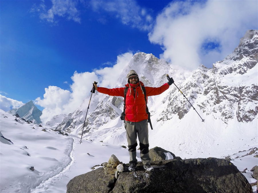 A man trekker achieved Everest Base Camp in Himalaya