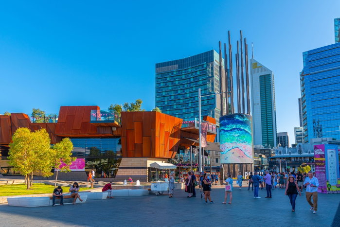 PERTH, AUSTRALIA, JANUARY 18, 2020: People are strolling through Yagan square in Perth, Australia - architecture attraction australia australian bar blue building business cbd center central centre city cityscape construction crowd cultural destination digital district downtown exterior house landmark nightlife outdoors people perth perth australia public sculpture sky skyline south pacific square station street terrace tourism tourist tower train travel urban wa western western australia wiring yagan yagan squar