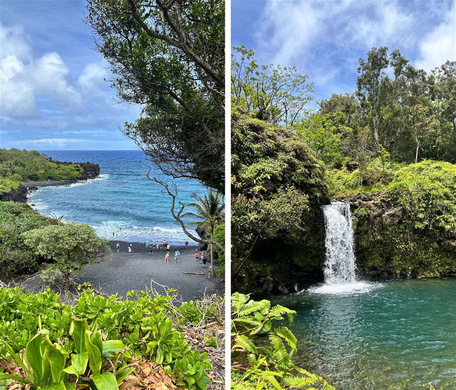 2 images of Maui in Hawaii - a black sand beach and a waterfall