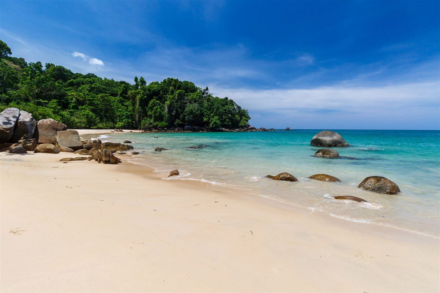 A beautiful deserted beach in Khao Lak, Thailand, with white sands