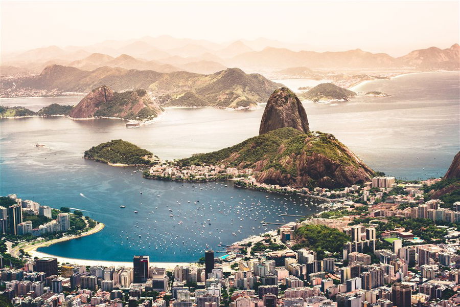 An aerial view of Rio de Janeiro and Sugar Loaf Mountain in Brazil, South America