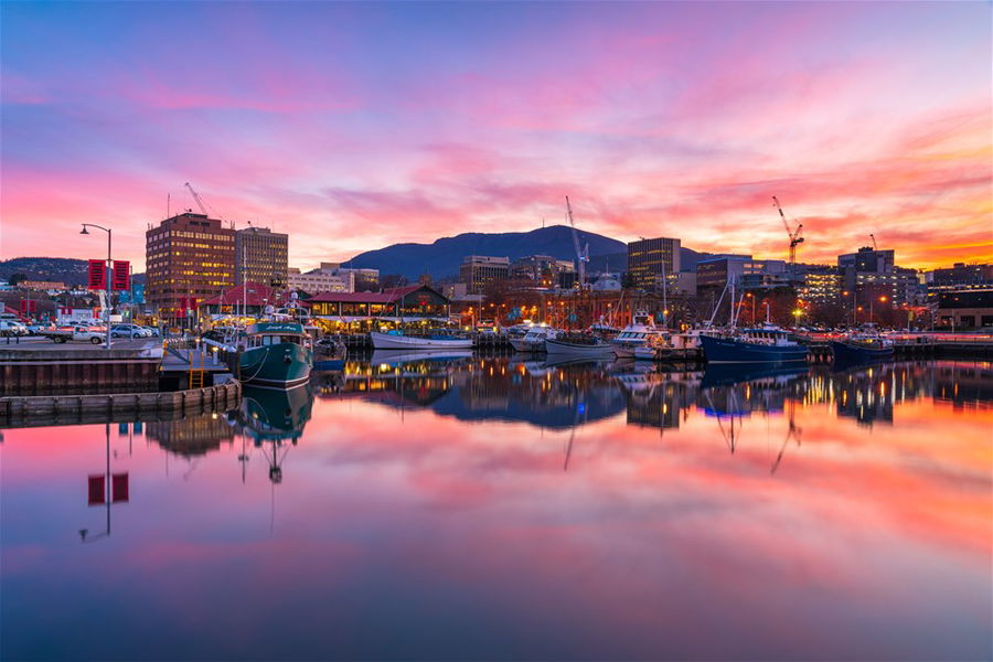 Hobart waterfront at sunset, Tasmania