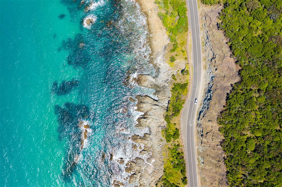 An aerial view of the Great Ocean Road in Australia