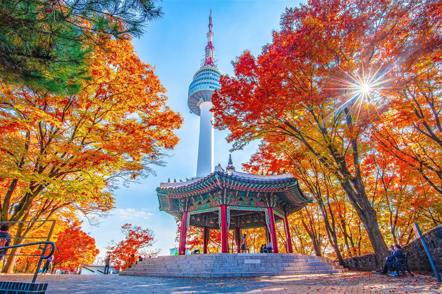 Namsan Tower and pavilion during the autumn leaves in Seoul, South Korea