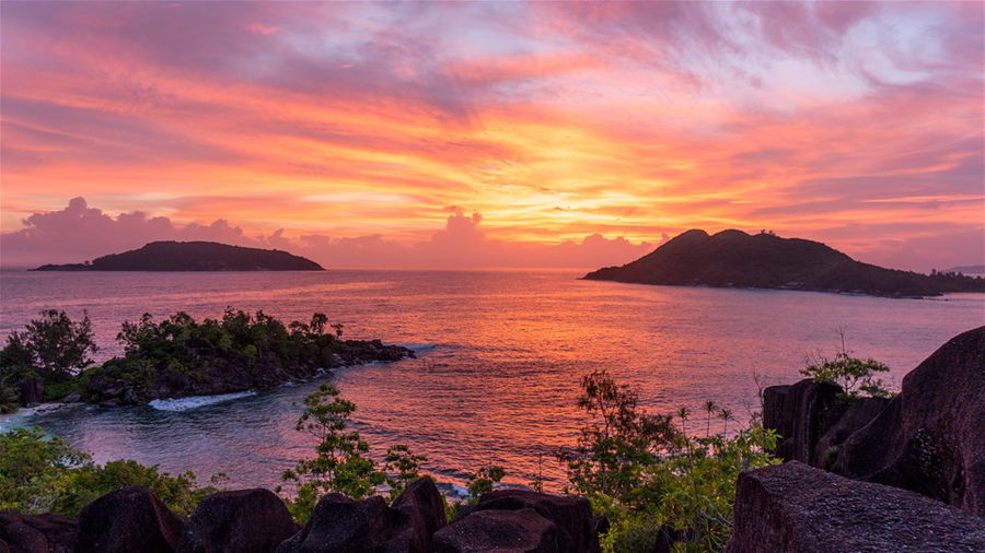 Sunset over the ocean in the Seychelles