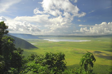 The vast Ngorongoro Crater, with green plains, pools of water and rugged volcanic landscape, Tanzania