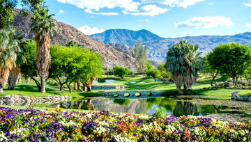 A luxurious golf course, full of vibrant flowers, lush trees and glistening ponds is overlooked by the impressive San Jacinto Mountains, in Palm Springs, California, USA
