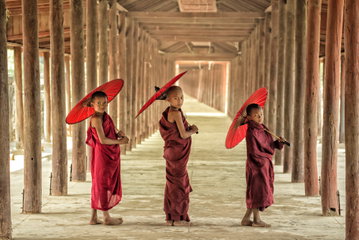 Three young Buddhist monks looking back wearing red robes and holding traditional red paper umbrellas, South East Asia