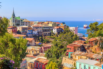 Many rainbow coloured houses sit on a hillside dotted with green trees in the city of Valparaiso with the Pacific Ocean in the distance, Chile