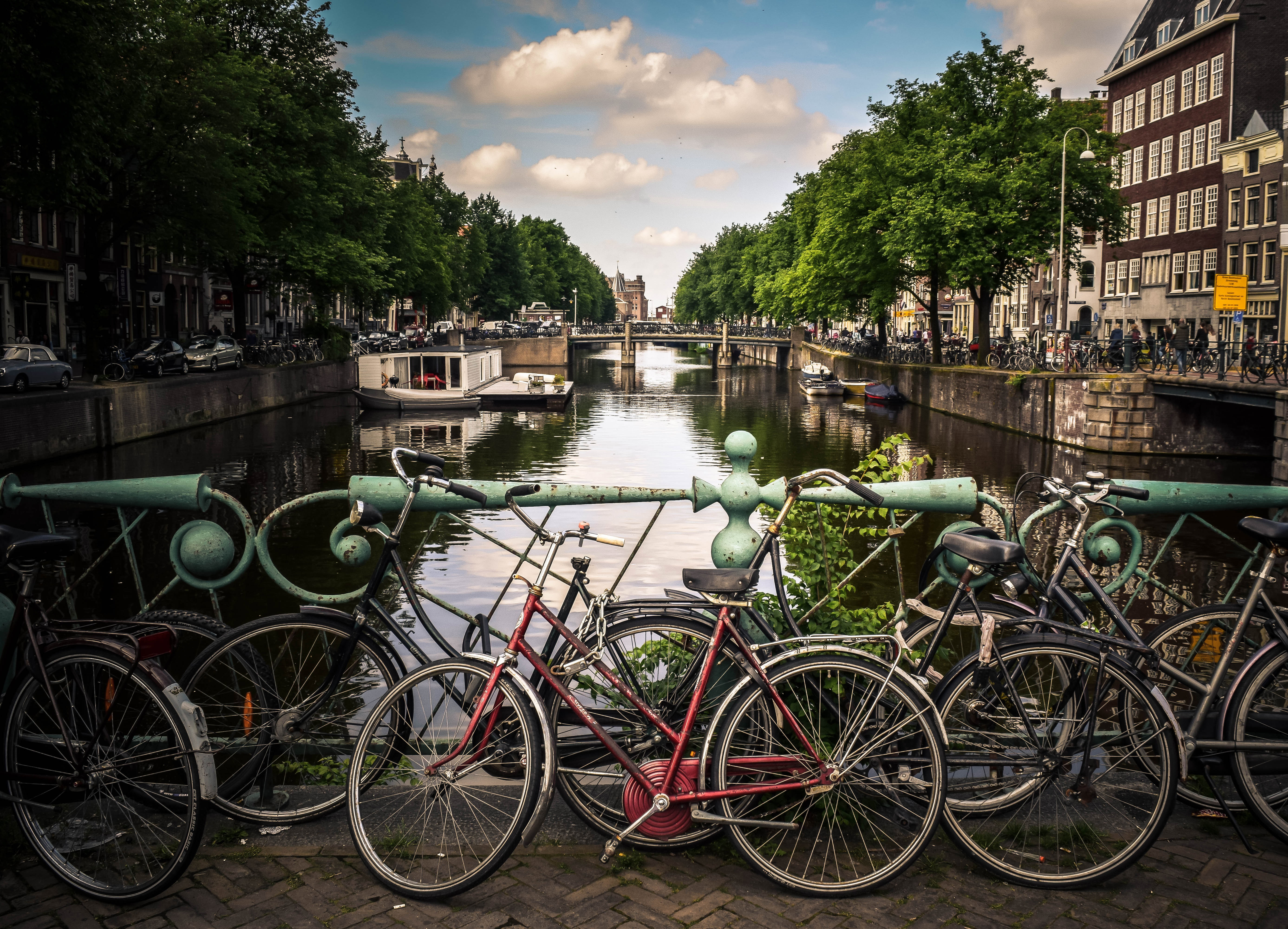 Bicycles on a bridge over the canal in Amsterdam, Netherlands