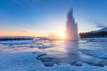 Famous Geysir in the beautiful sunset light in the Golden Circle, Iceland.