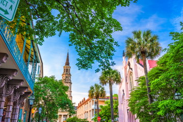 Historic downtown cityscape of Charleston from Church Street, South Carolina, USA