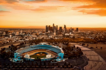 Overview of Los Angeles downtown skyline with the dodger stadium in the foreground, California, USA