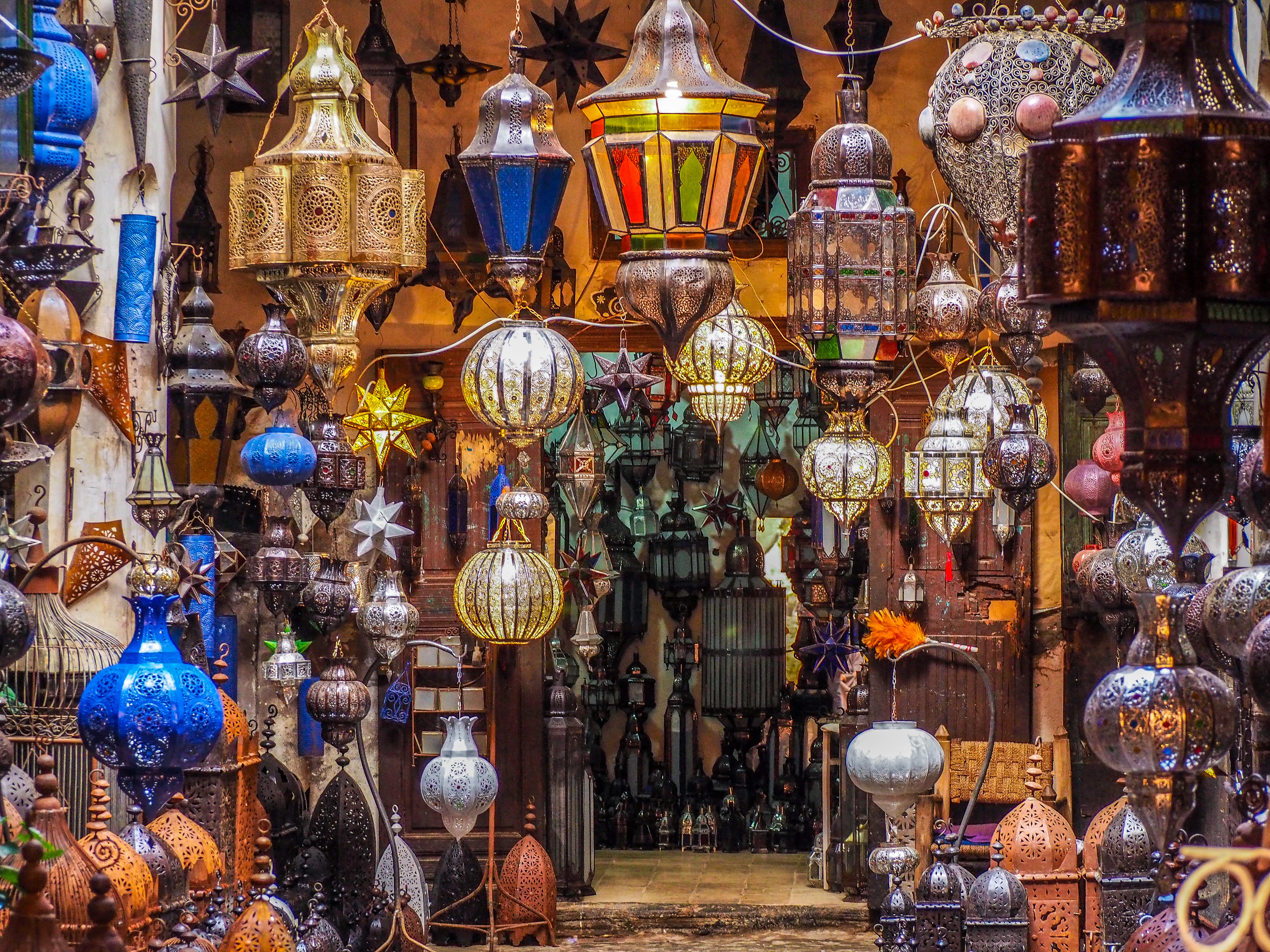Moroccan style lighting in a shop in souks in Medina Marrakech