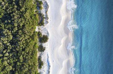 An aerial view of the green bush, white sands, waves lapping the shoreline and blue sea of Hymans Beach in New South Wales, Australia