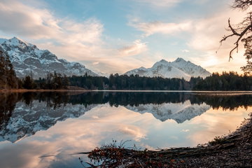 Reflection view of the Andes mountains at the San Carlos de Bariloche, Río Negro Argentina
