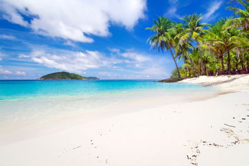 Idyllic palm fringed beach with crystal clear sea and perfect blue sky with a remote island in the distance, Thailand