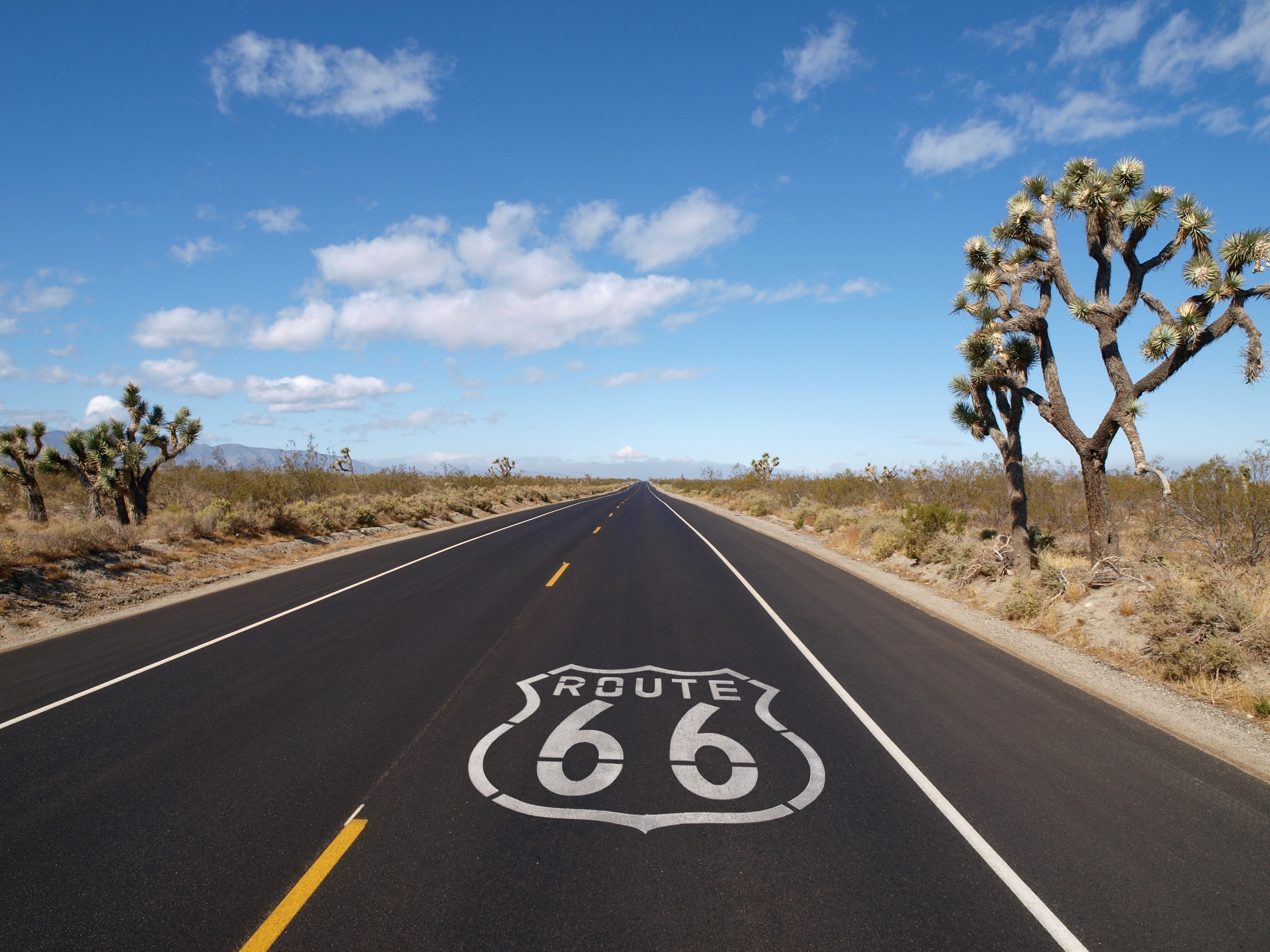 Route 66 stretches out in front surrounded for miles by the Mojave Desert, bright blue skies, with a few white, fluffy clouds float above on a lovely summers’ day in California, USA