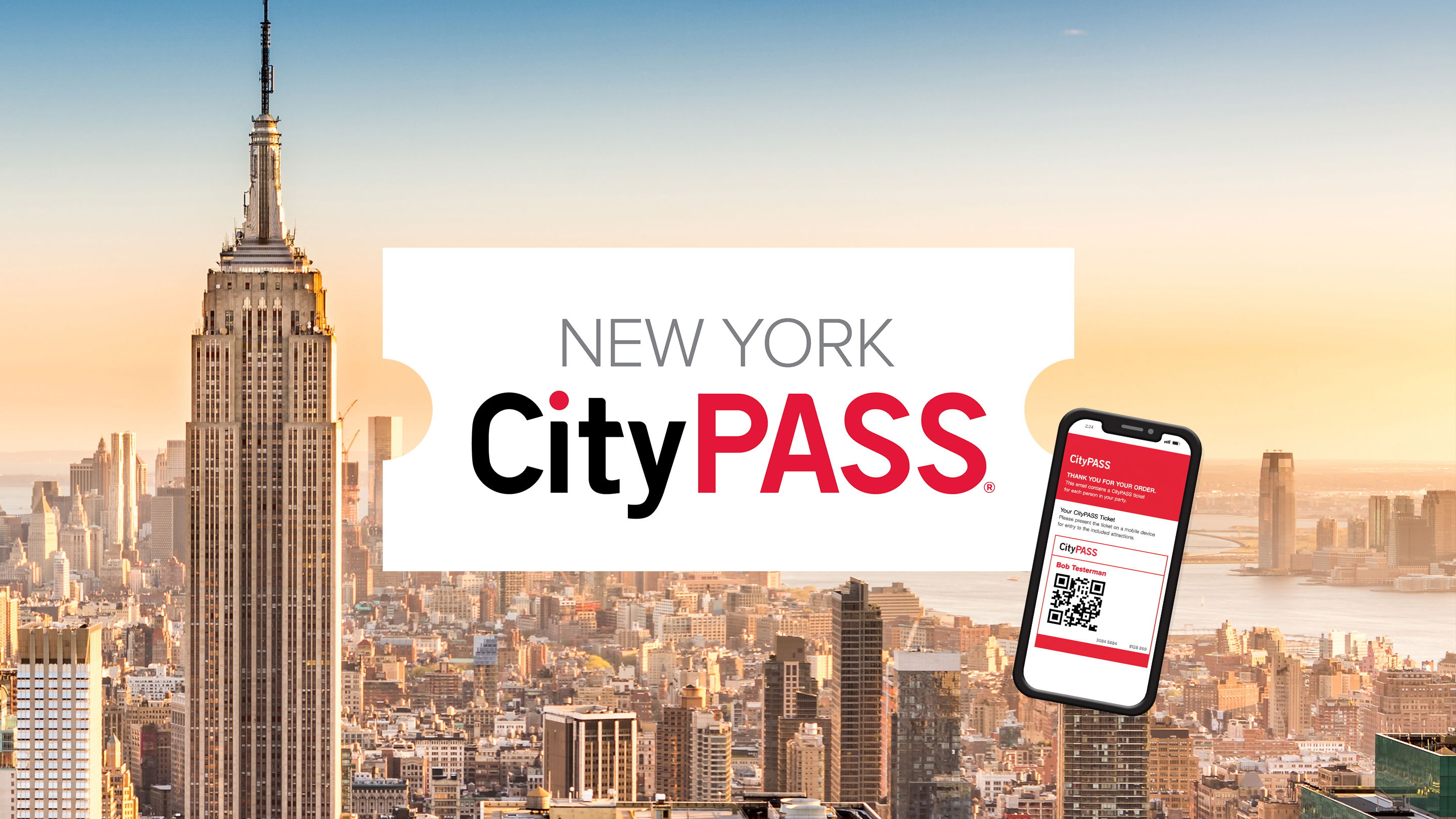 Empire State Building and Manhattan with the CityPASS logo, New York City, USA