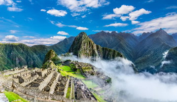Overview of Machu Picchu, Wayna Picchu and surrounding mountains in the background
