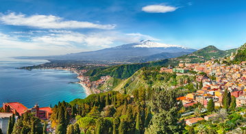 Beautiful aquamarine blue waters of sea near Taormina and Etna, Sicily, Italy
