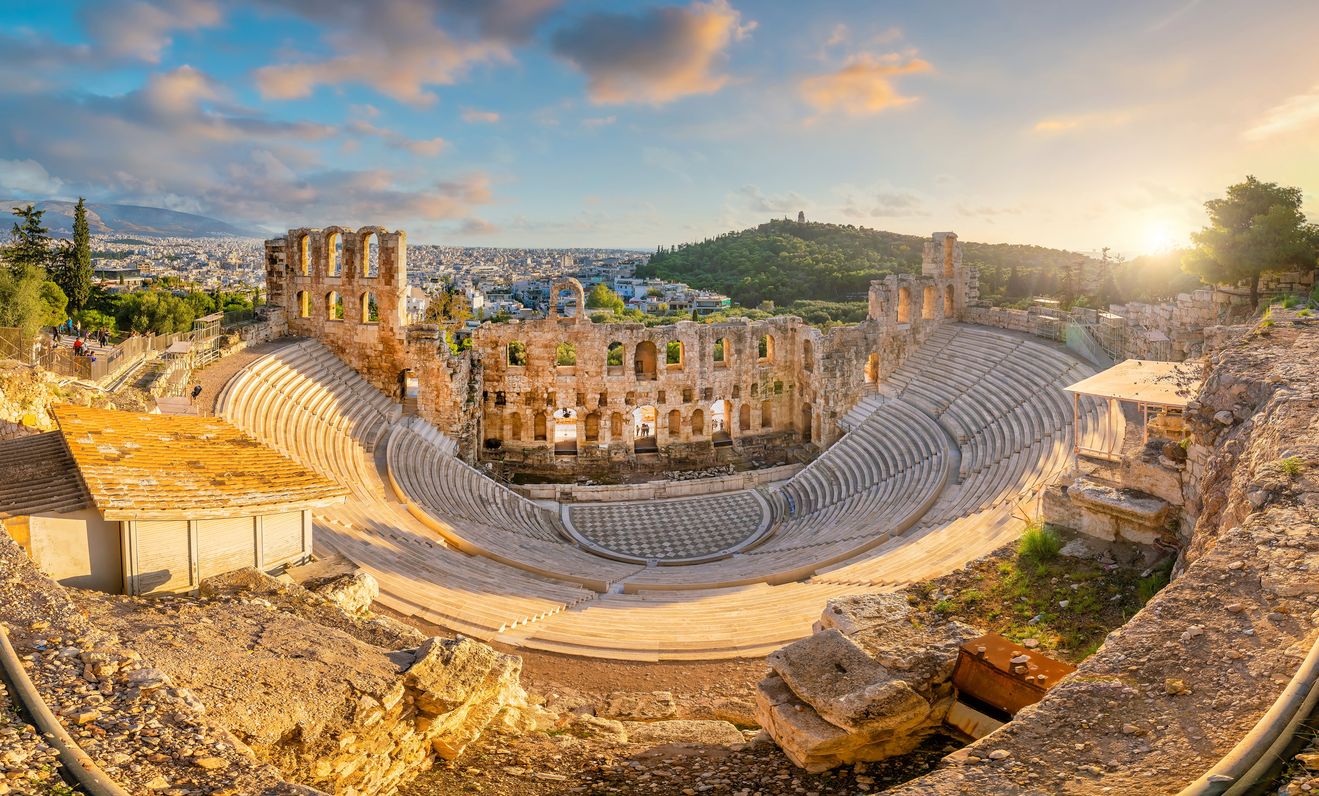 The Odeon of Herodes, an ancient Roman theatre structure at the famous Acropolis of Athens overlooking the city.