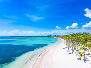 Aerial view of beautiful Bavaro beach with white sand and palm trees, Punta Cana, Dominican Republic