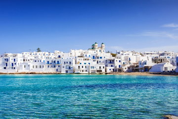 Traditional white and blue Cycladic architecture of Paros, Greece at the harbour