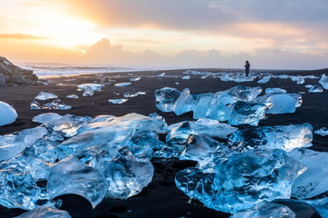 Diamond Beach in Iceland with blue icebergs melting on the black sand and ice glistening with sunrise sun light, Southern Iceland