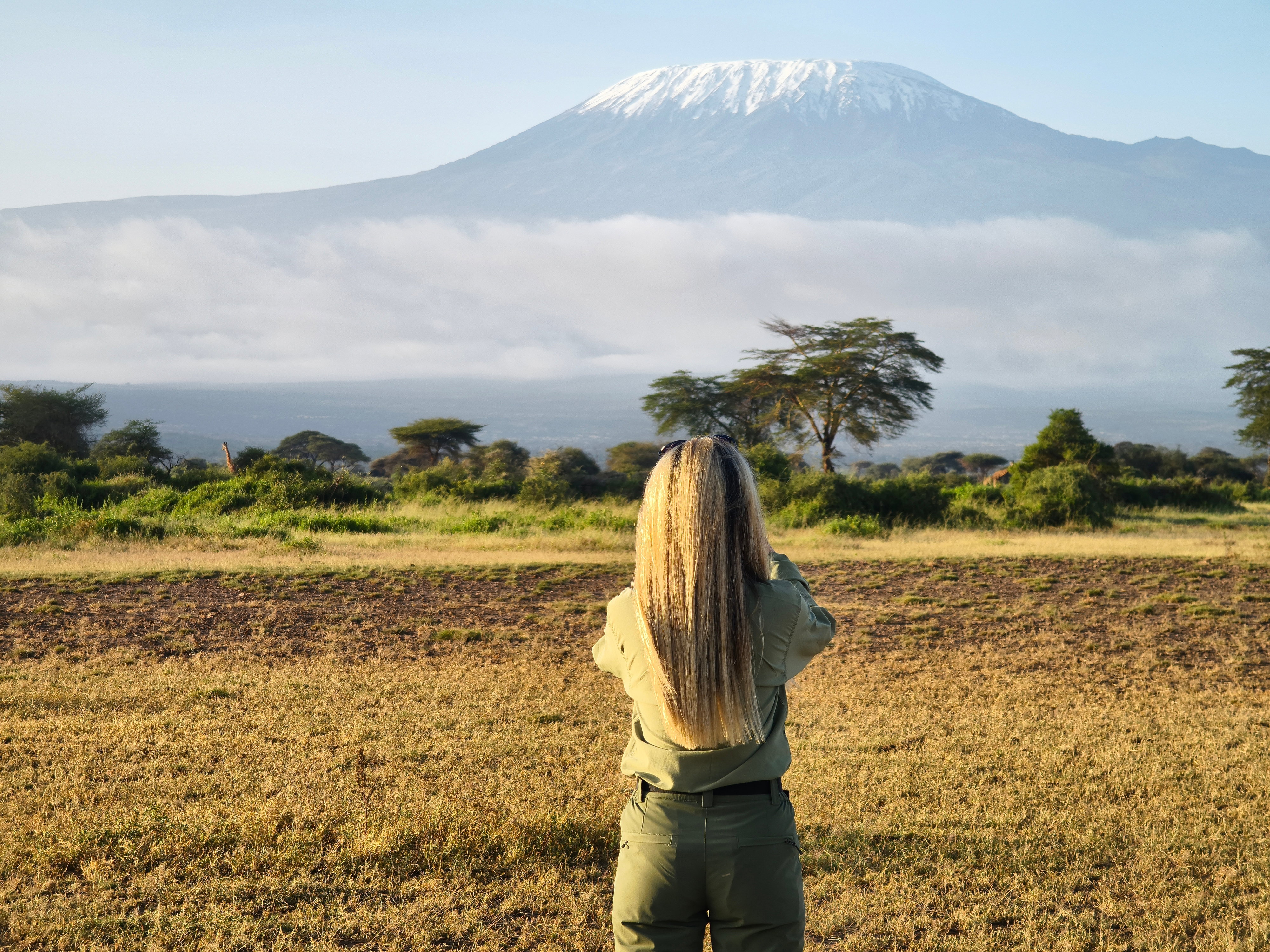Young woman walks through the savannah against the backdrop of Mount Kilimanjaro during a walking safari, travel concept, peaceful relaxing moment, Africa