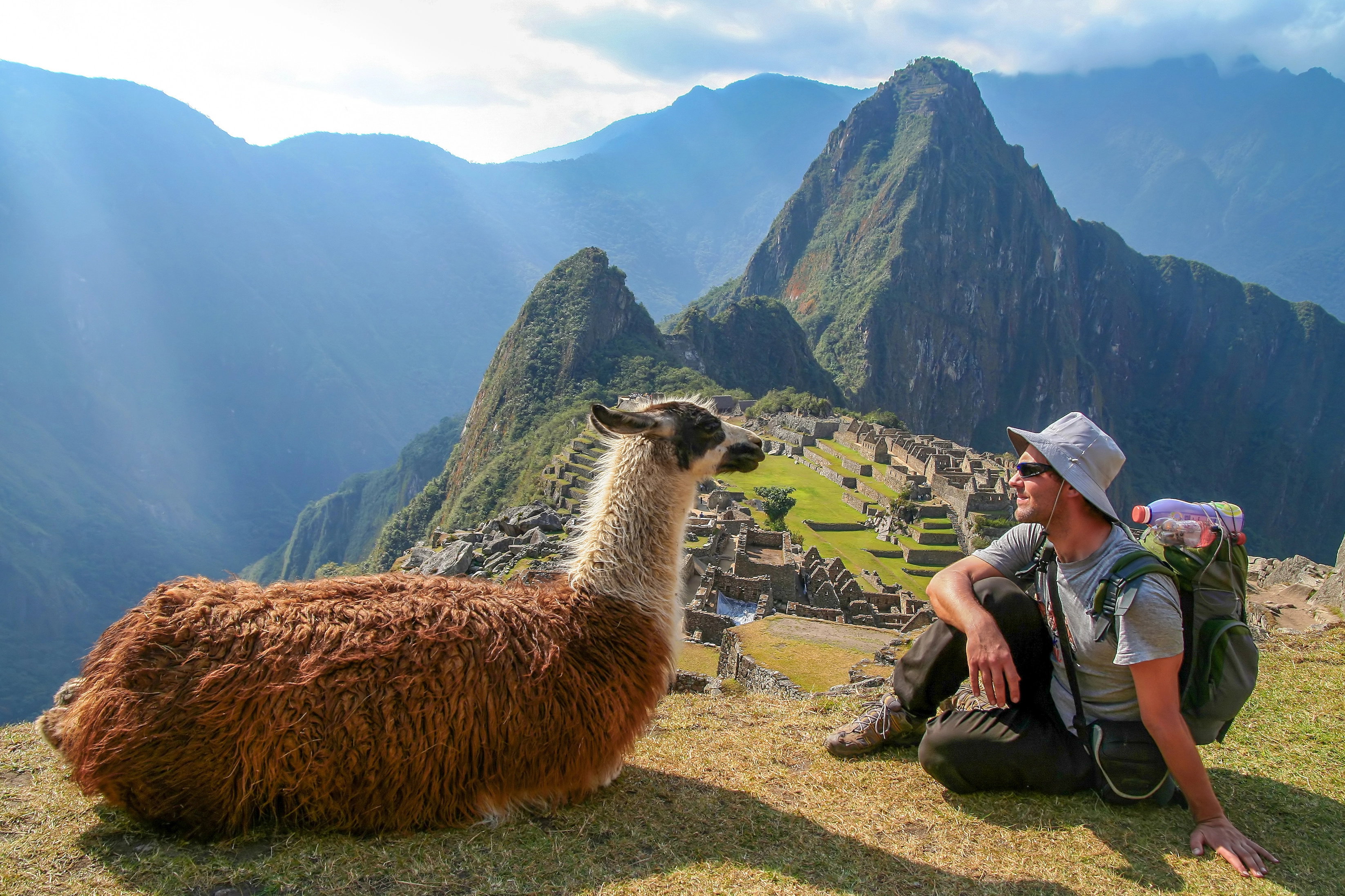 Tourist and llama in Machu Picchu, Peru